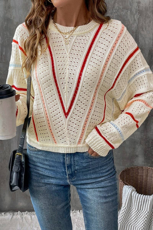 Cwoswl3837_Colorful Striped Crew Neck Sweater