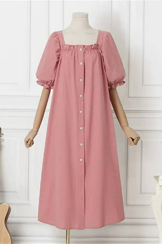 CWDMD3167_SQUARE NECK PUFF SLEEVE BUTTON PLEATED DRESS