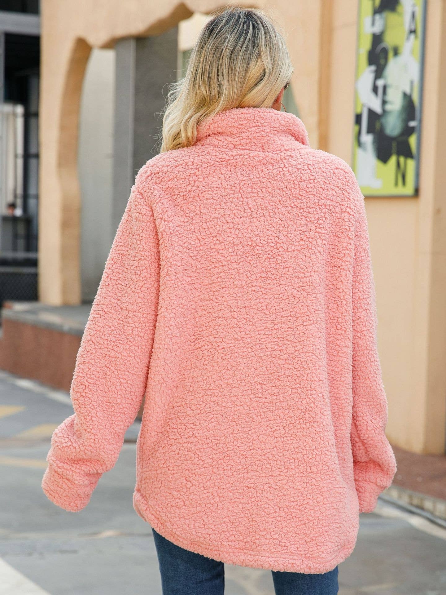 LONG FLEECE COAT WITH LOOSE BREASTED FAKE POCKETS