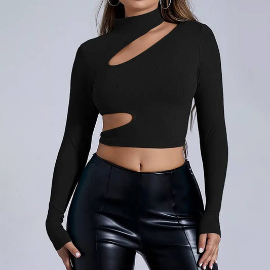 SEMI HIGH NECK BLACK LONG SLEEVED SEXY T SHIRT_CWTSTL1102