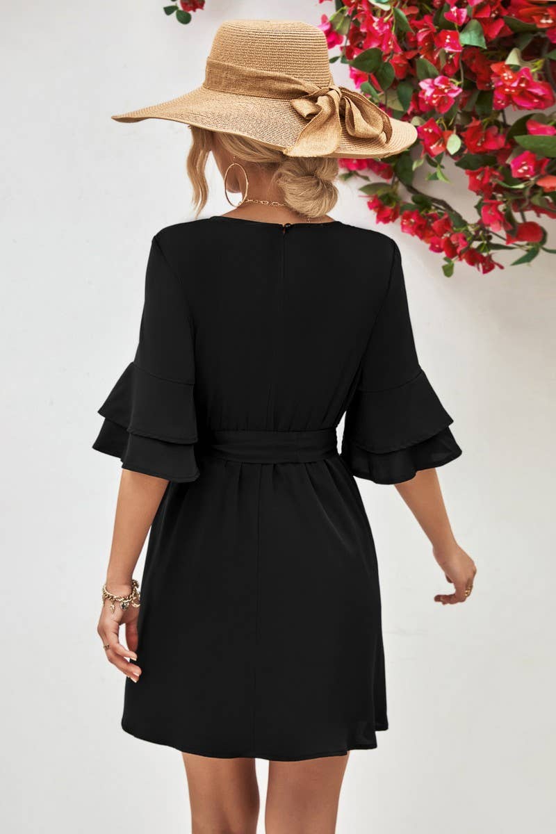 FLARED LOTUS LEAF SLEEVE SOLID COLOR DRESS_CWDSD2639