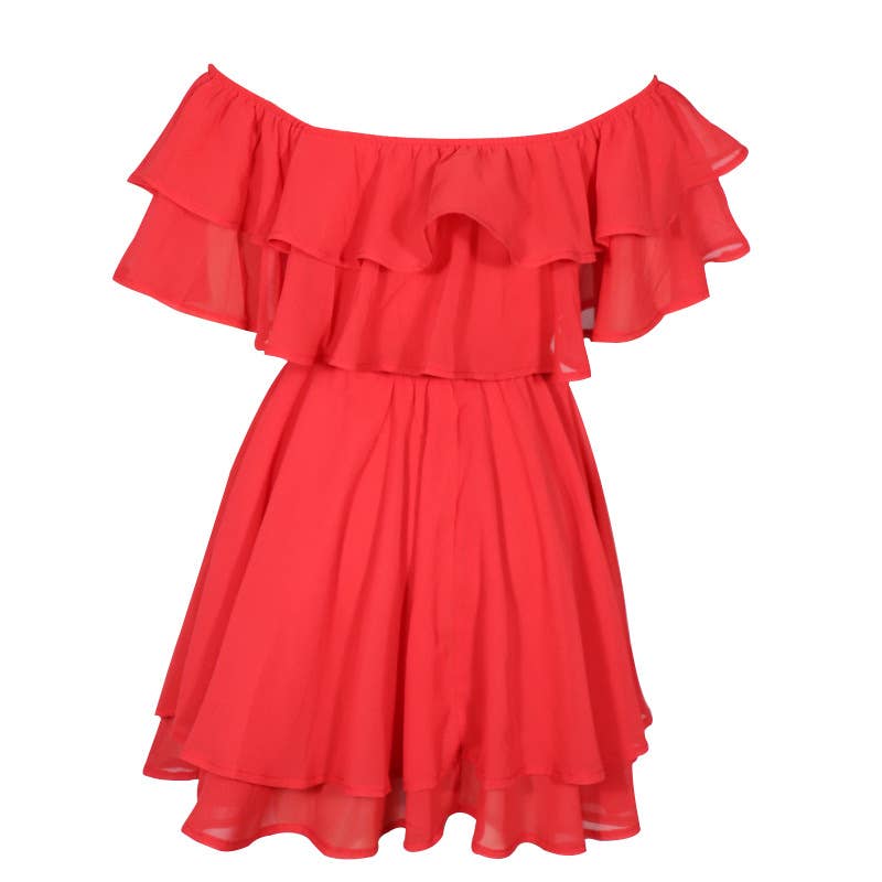 Off-shoulder sleeveless ruffle mini chiffon dress