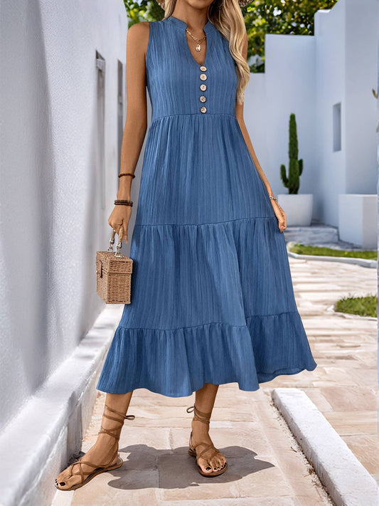 Ruched Sleeveless Midi Dress with Stand Collar