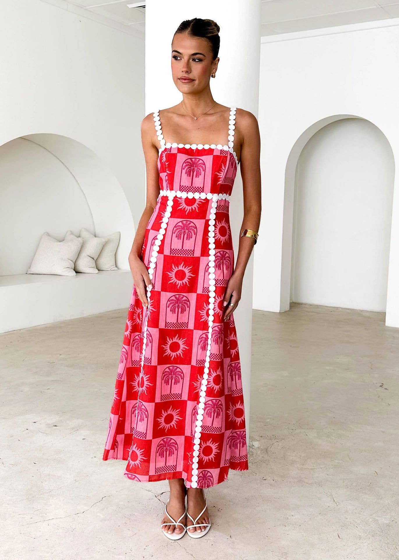 Line collar lace print fashion long halter dress