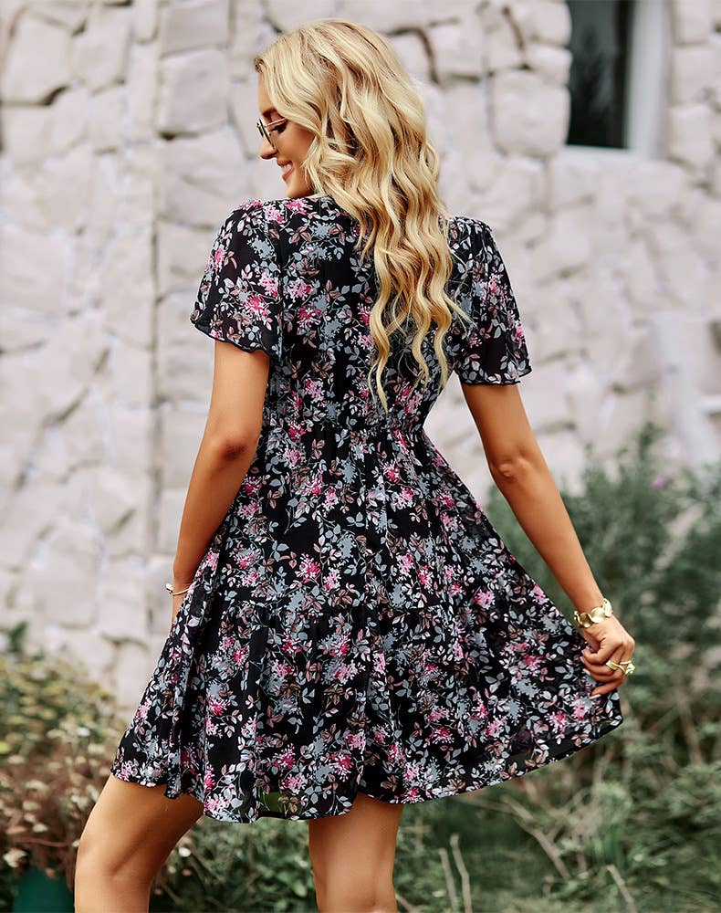 V-NECK PRINT STYLE COUNTRY FASHION DRESS
