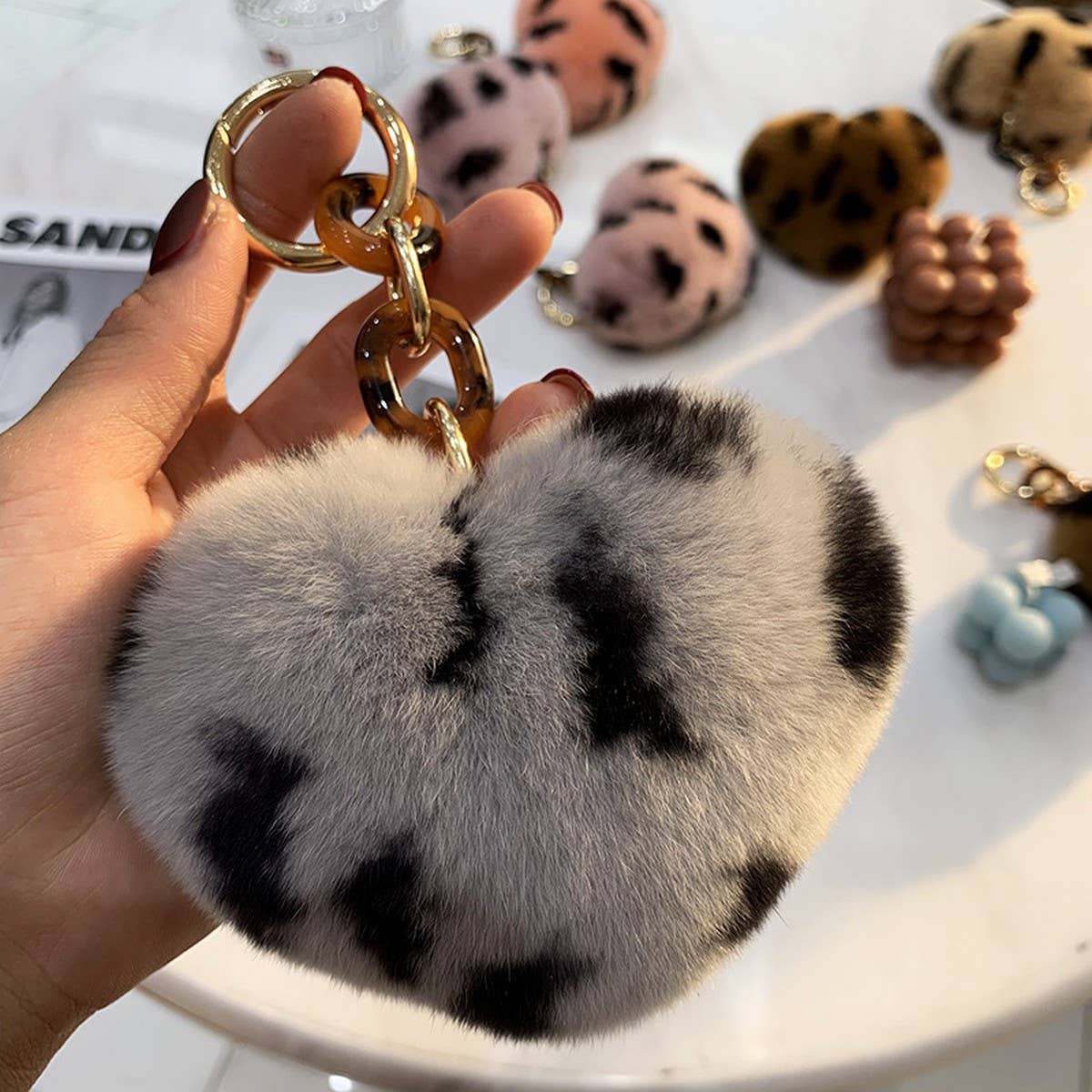 LEOPARD PRINT FUR BALL HEART SHAPE BAG KEYCHAIN