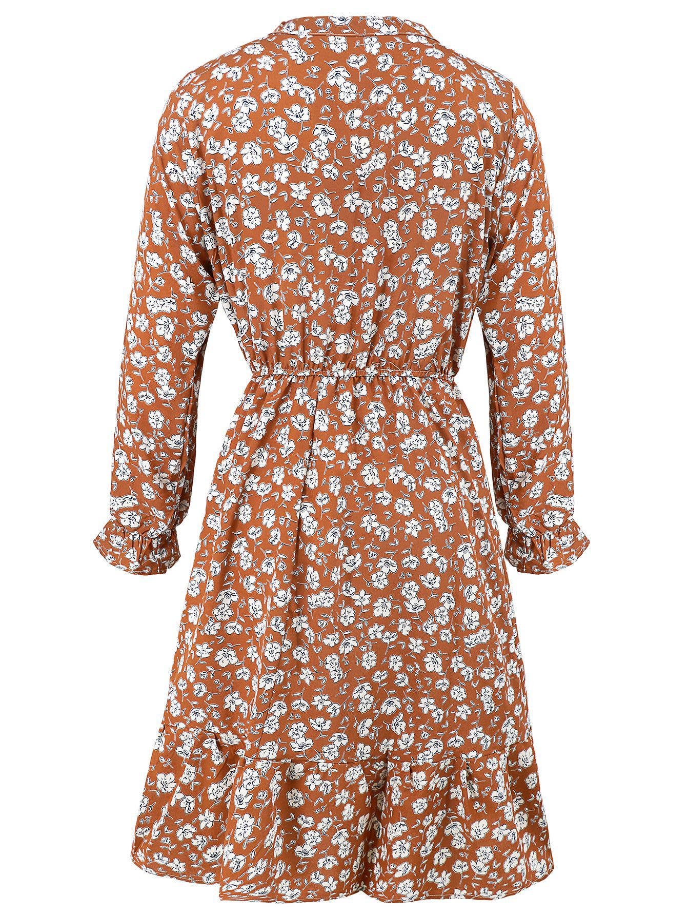Waist-Cinched Floral Ruffle Bell Sleeve Dress