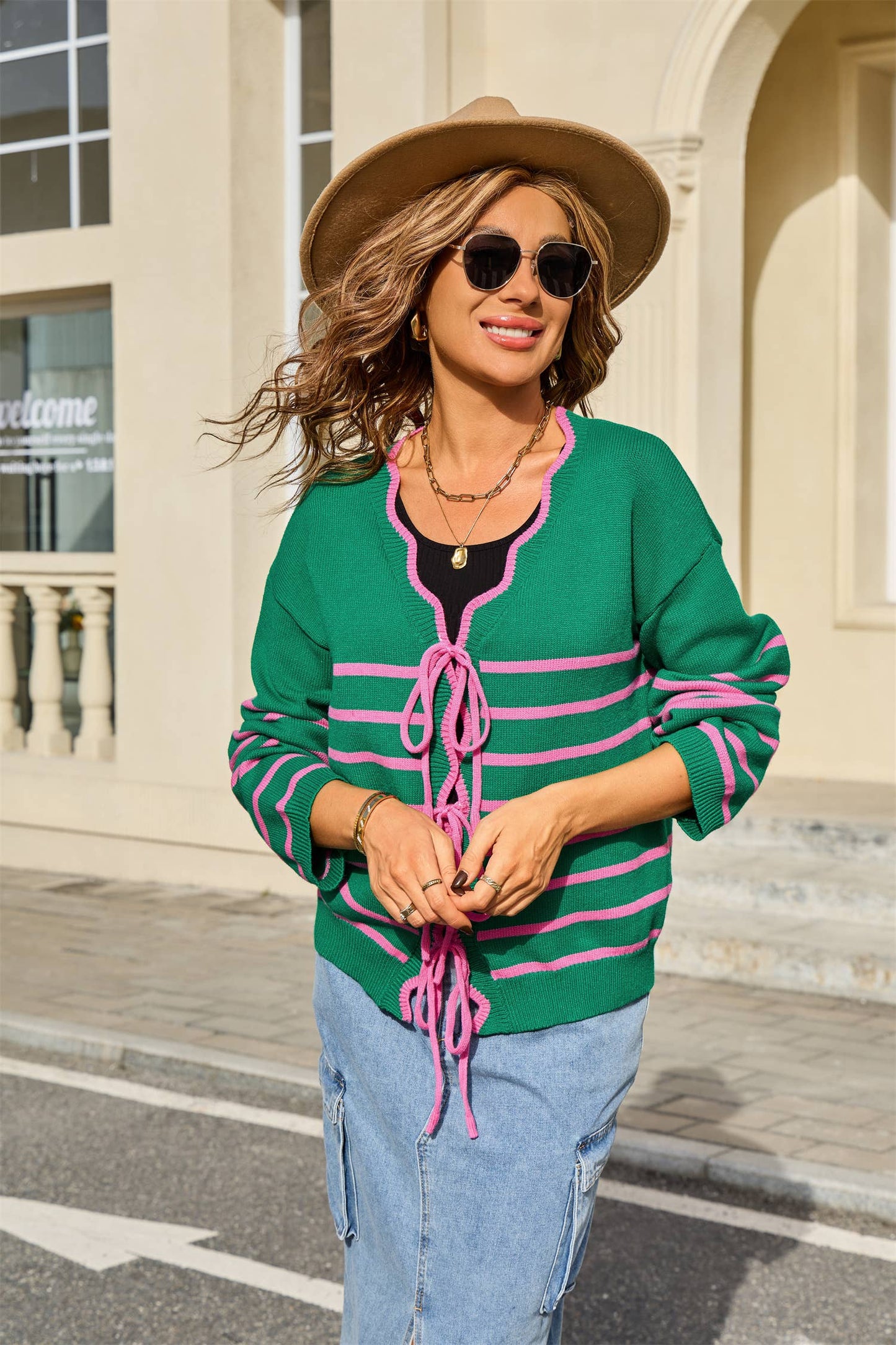 Striped color-blocked loose drawstring cardigan