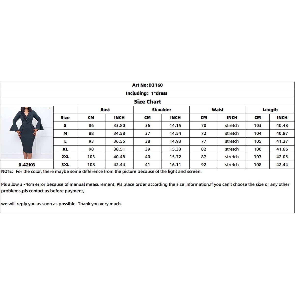 V-NECK ELEGANT TRUMPET SLEEVE SLIT HIP DRESS