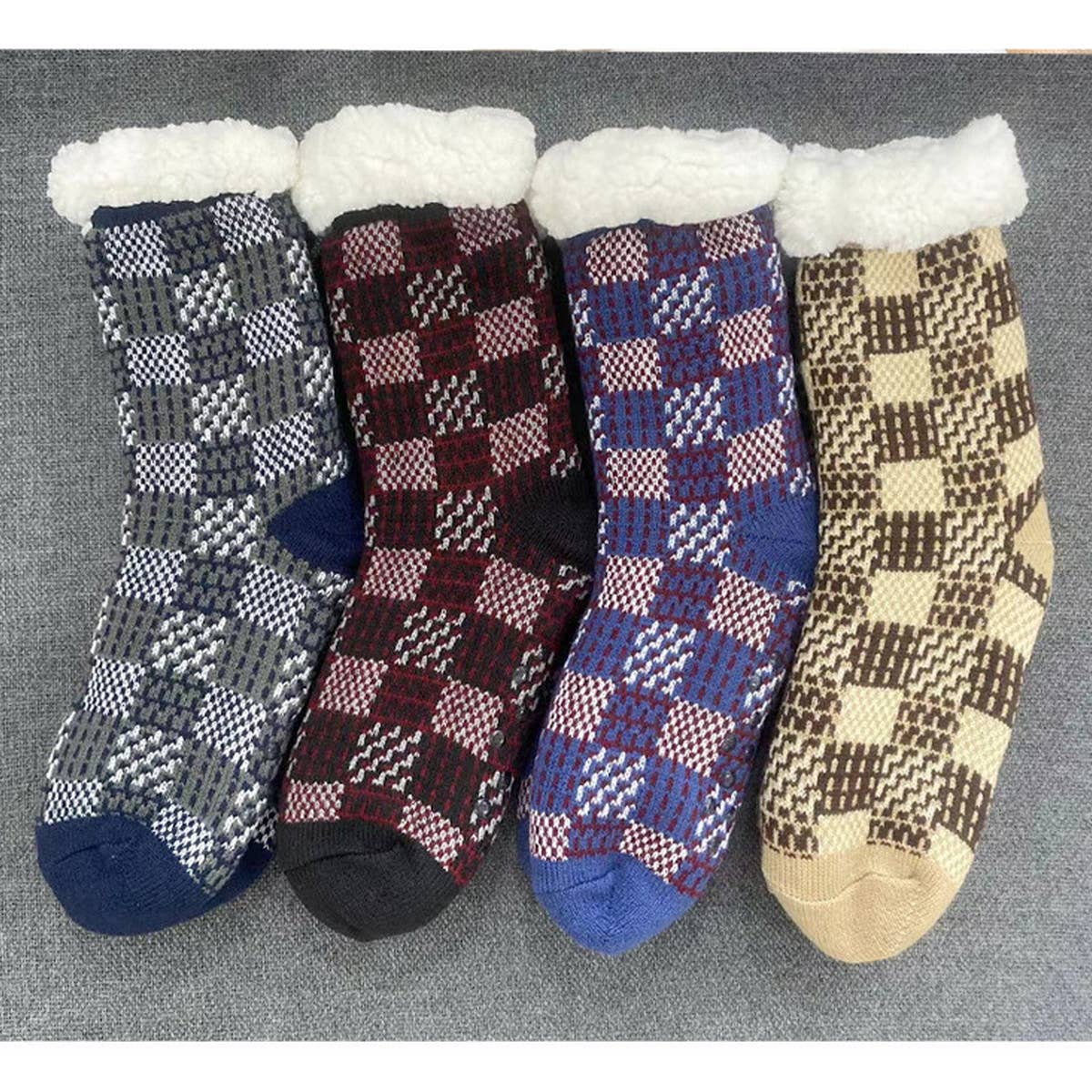MEN KNITTED PLAID PLUSH INDOOR SLIPPERS