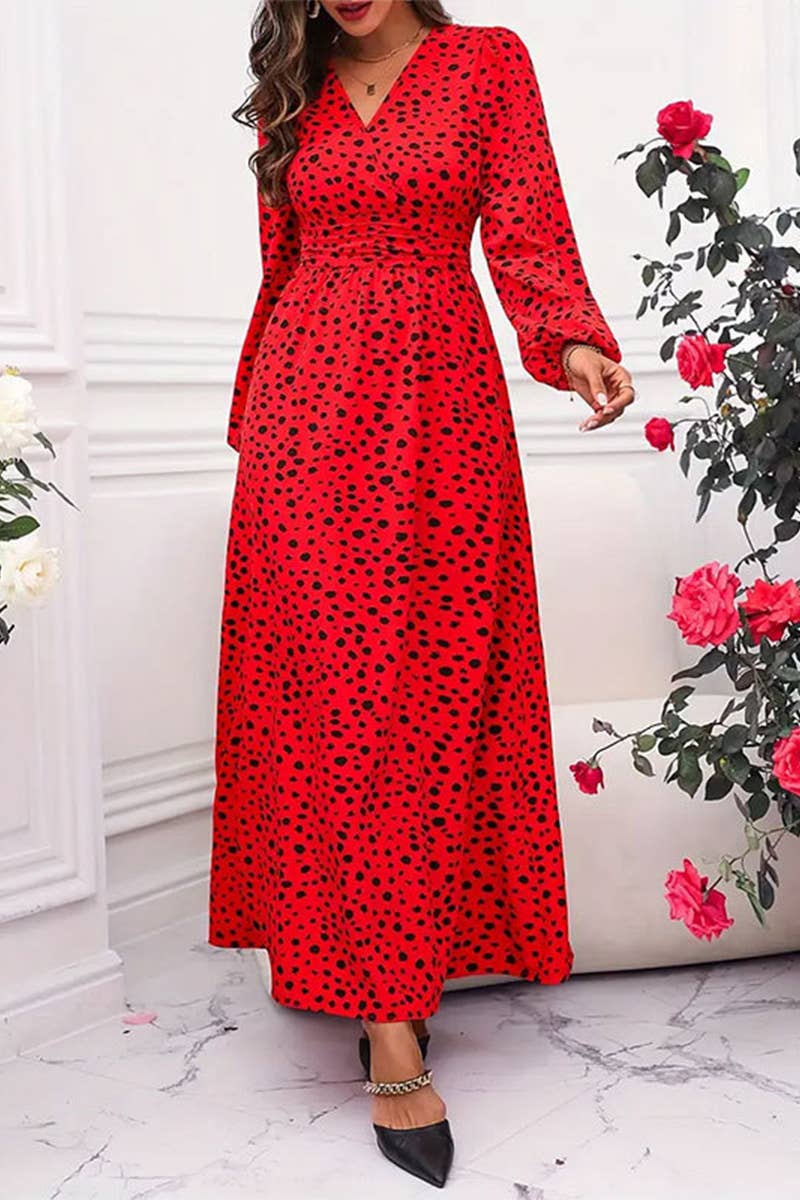 PUFFED SLEEVE V-NECK POLKA DOT LONG-SLEEVED DRESS