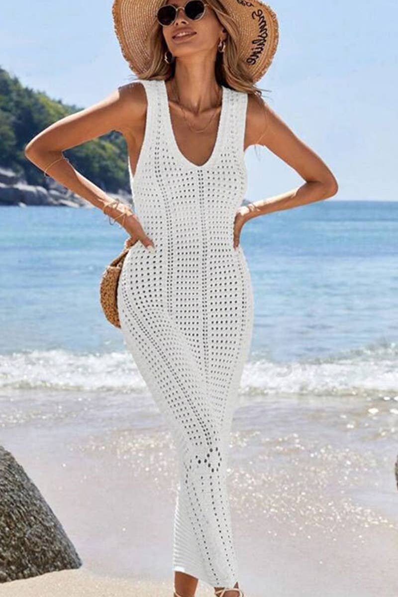 CWDHL0645_SOLID COLOR KNIT HOLLOW LONG VEST DRESS