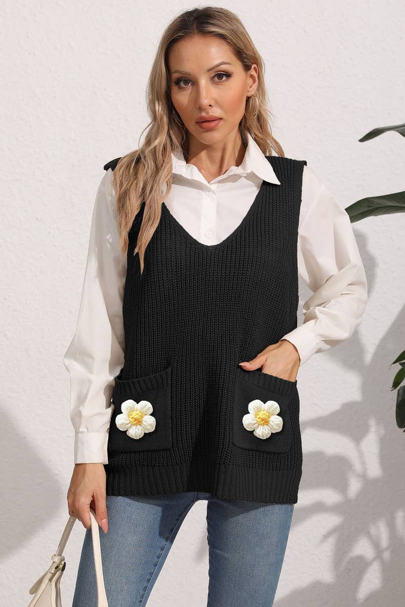 CWOJA00766_WOMEN V-NECK CROCHET PATCHWORK KNIT VEST