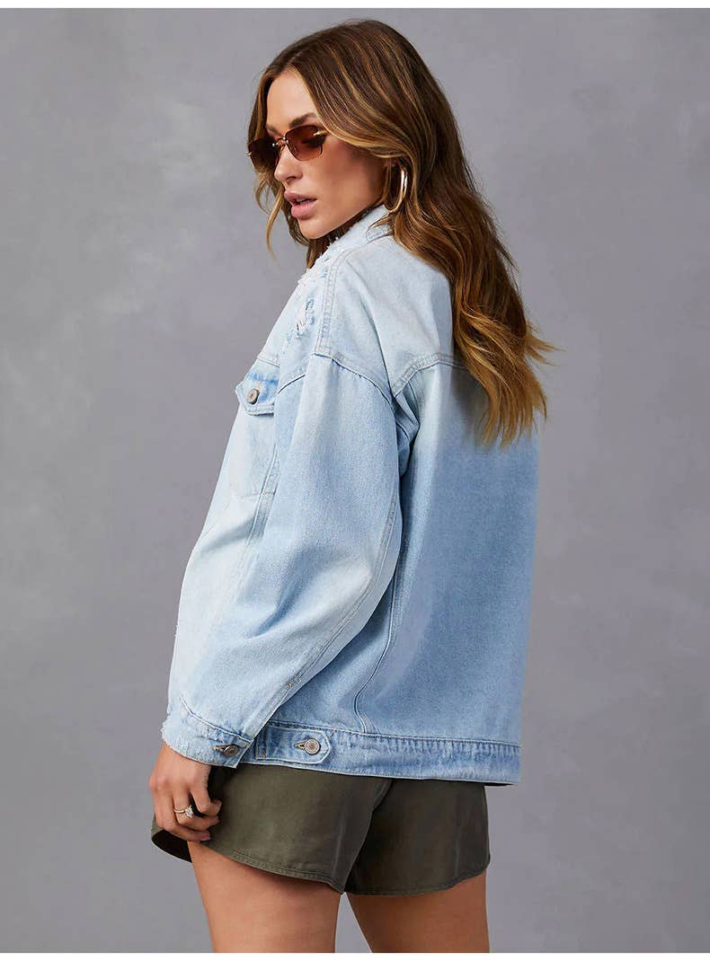 Washed denim perforated three-dimensional jacket