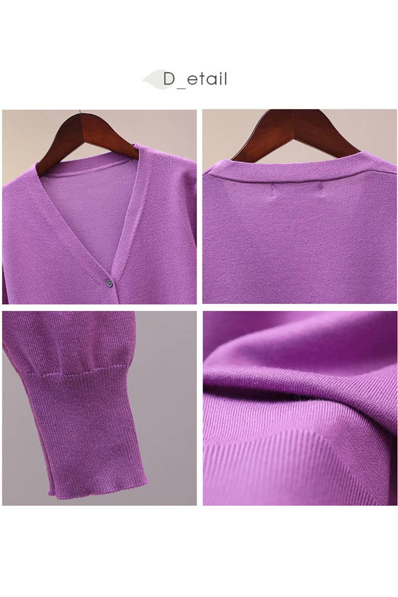 CWOCAL0333 Button Down Sleeve  V-Neck Cardigan Sweater