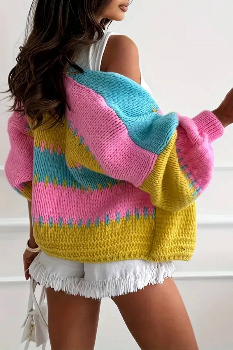 CWOCAL00824_V NECK COLOR BLOCK LOOSE KNIT CARDIGAN