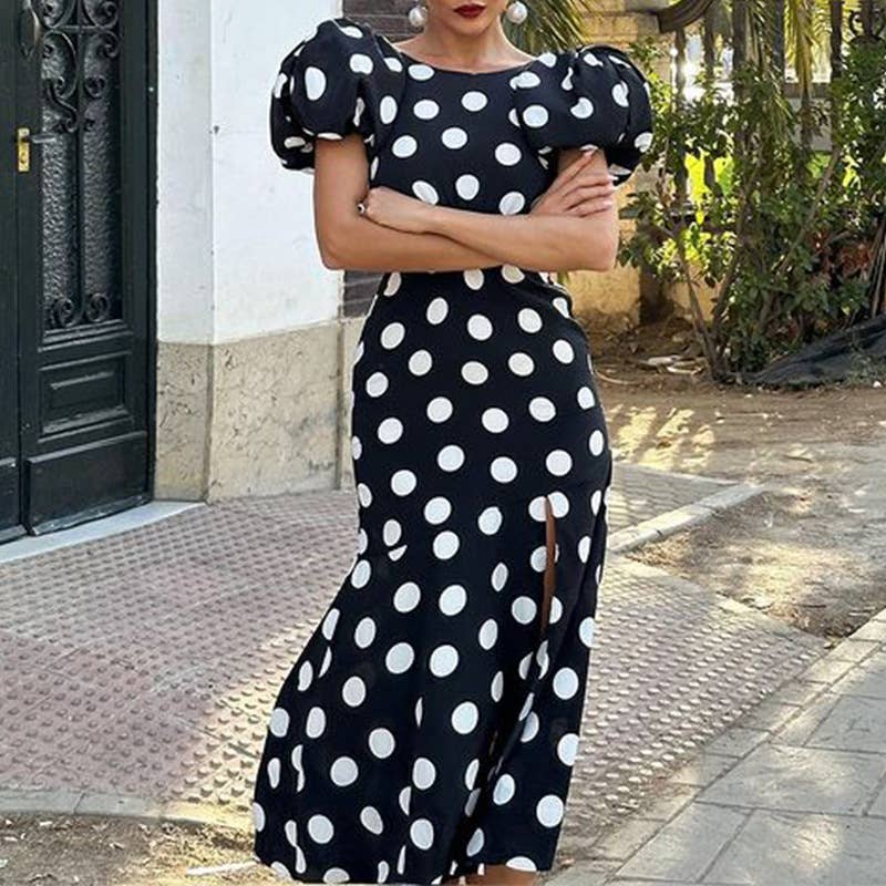 STYLE PRINT PUFFED SLEEVE HALTER LONG DRESS