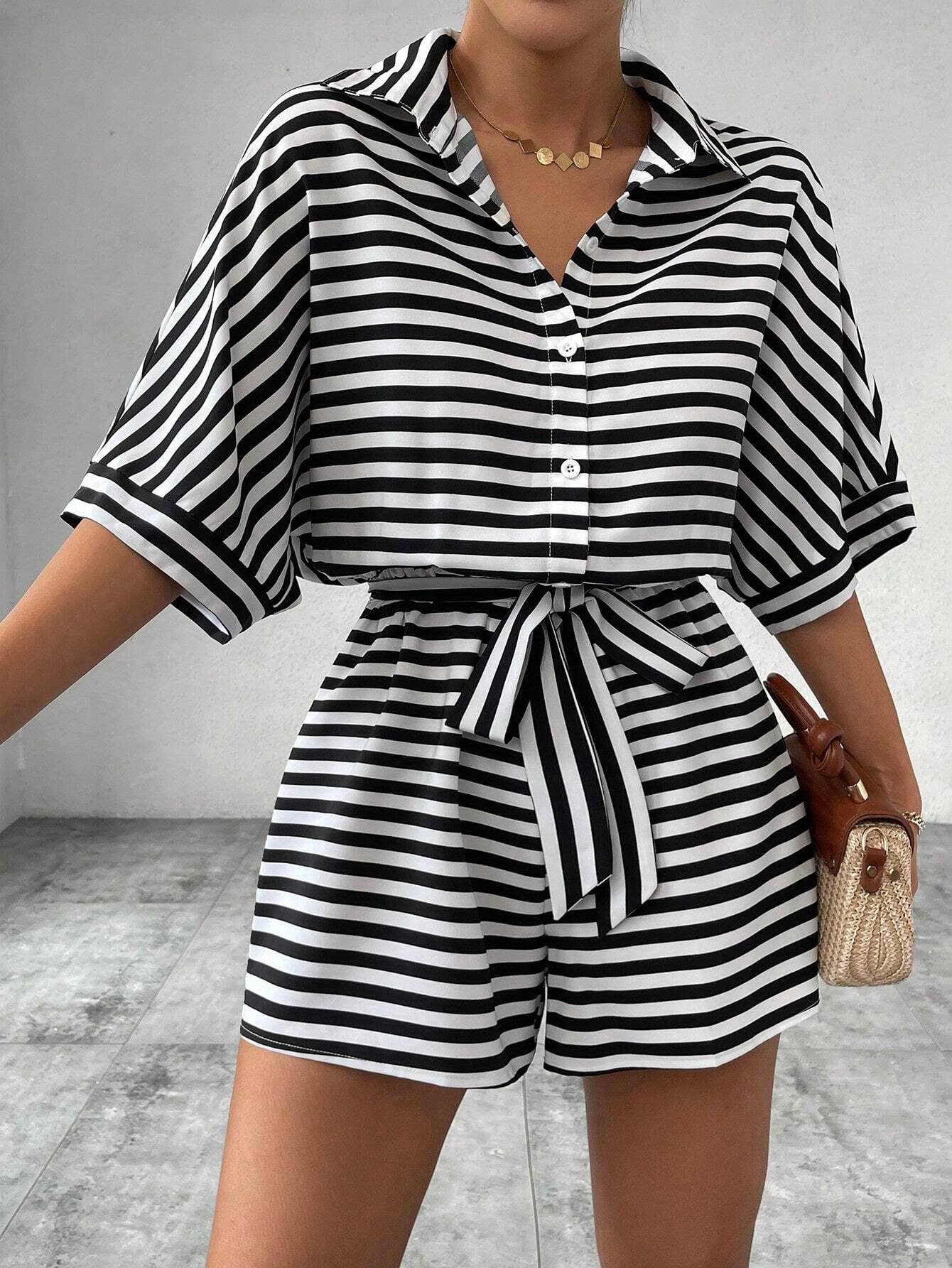 Women¡¯s striped buttoned cardigan romper