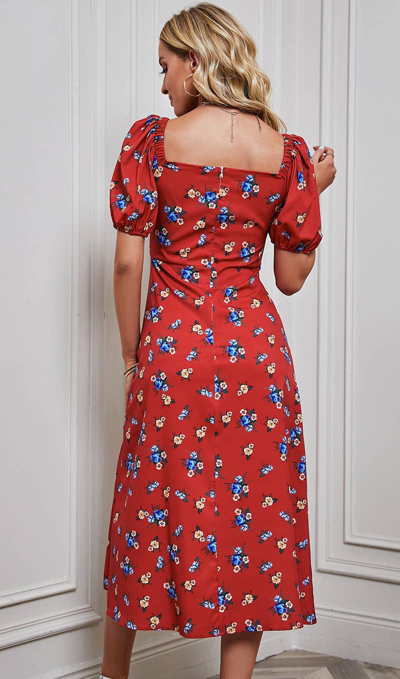 Split floral drawstring dress