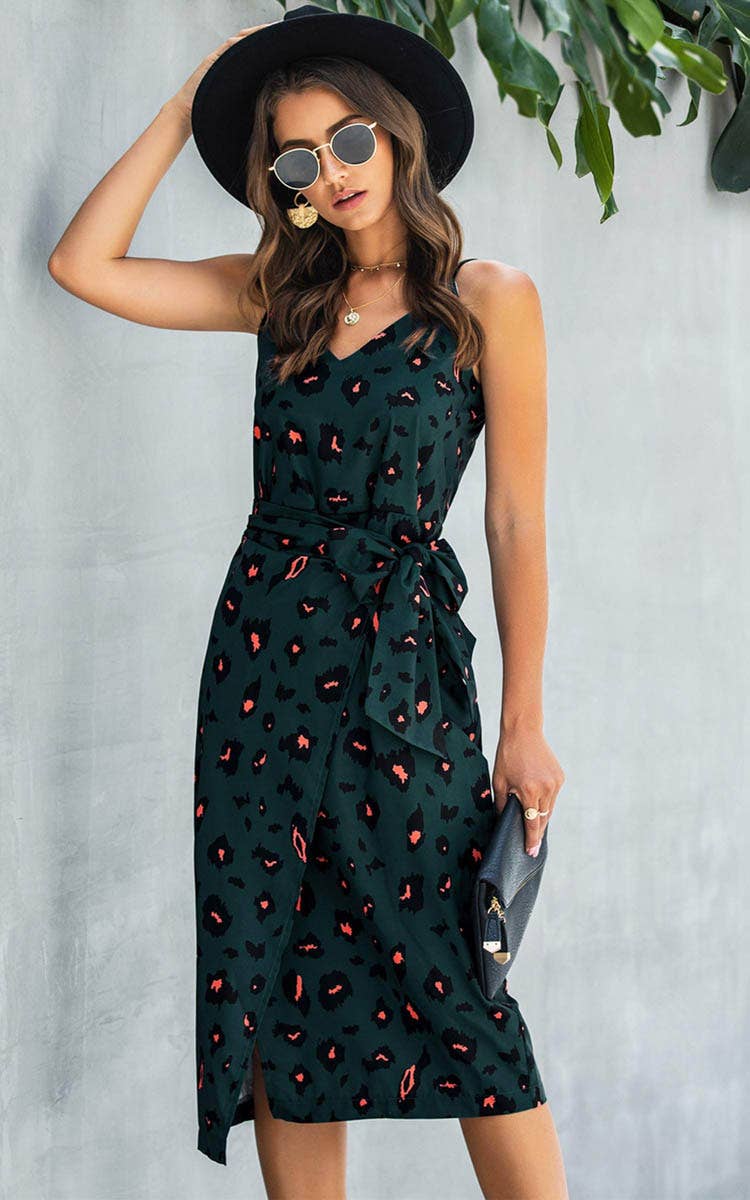 Leopard print split mid-length strappy slip dress