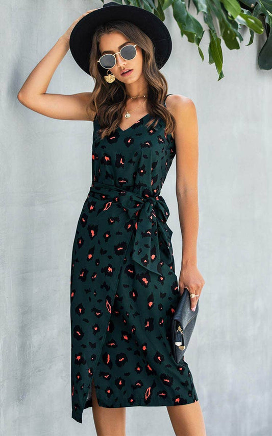 Leopard print split strap slip dress