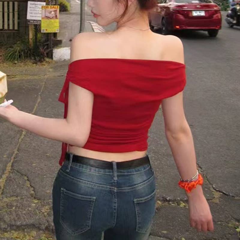 Slim Fit Red Off Shoulder Tie Front Tee