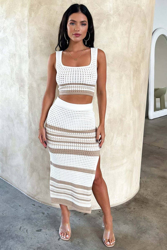 SLEEVELESS TANK TOP SEXY SPLIT STRIPE SKIRT SET_CWSTB0390