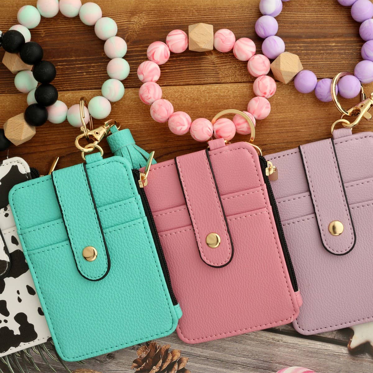 SILICONE BRACELET LEATHER WALLET TASSEL KEYCHAIN