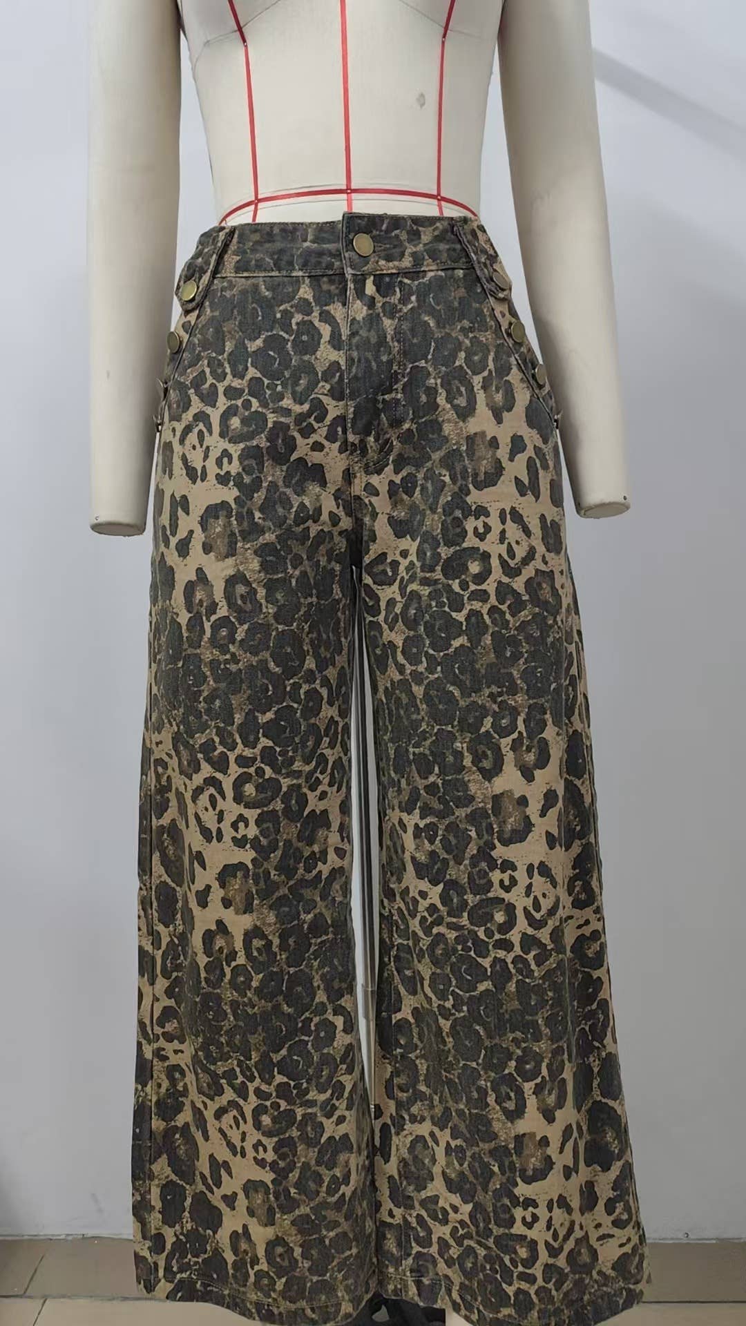 Washed American retro leopard print denim set