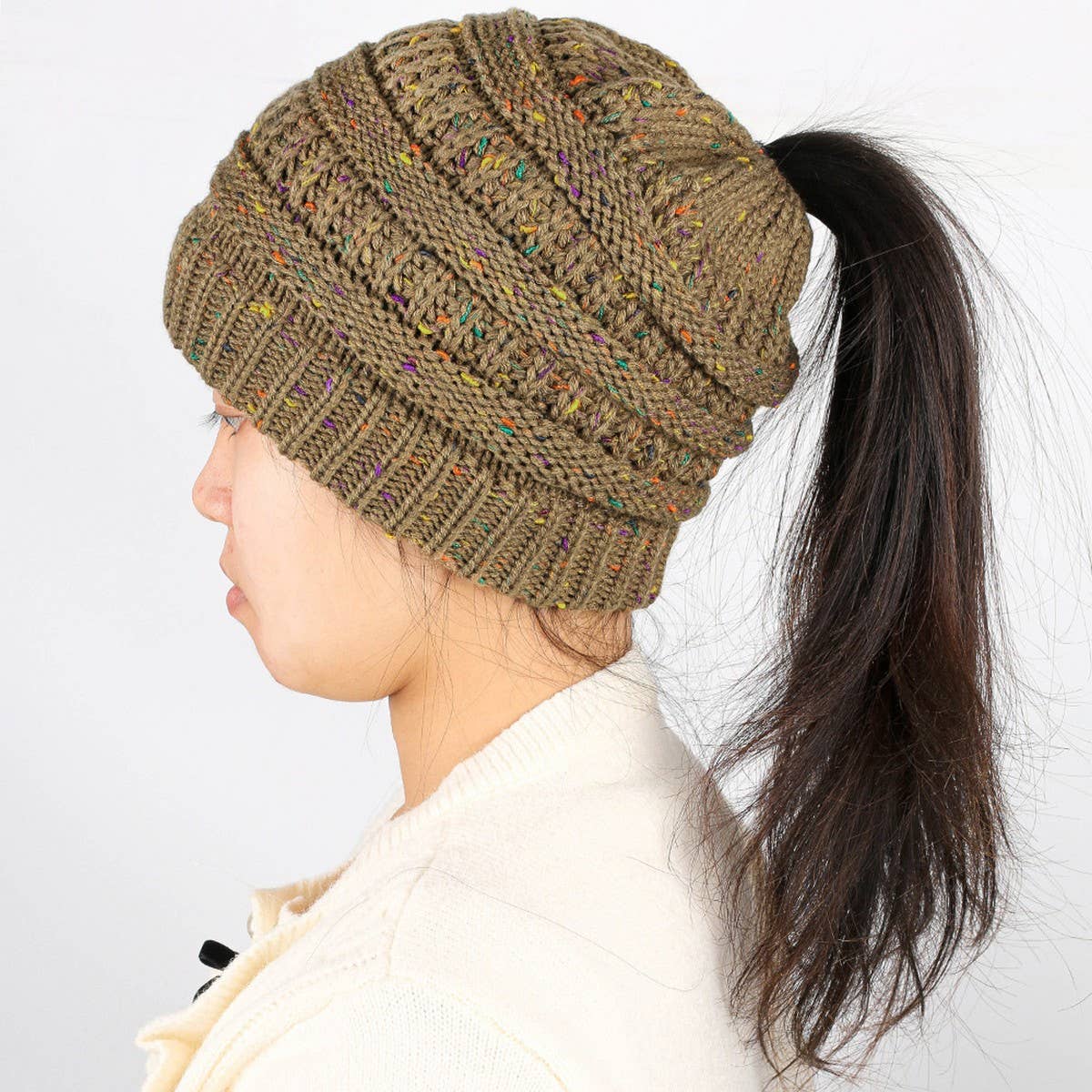 CWAHA07209_WINTER PONYTAIL HAT FASHIONABLE CABLE BEANIE
