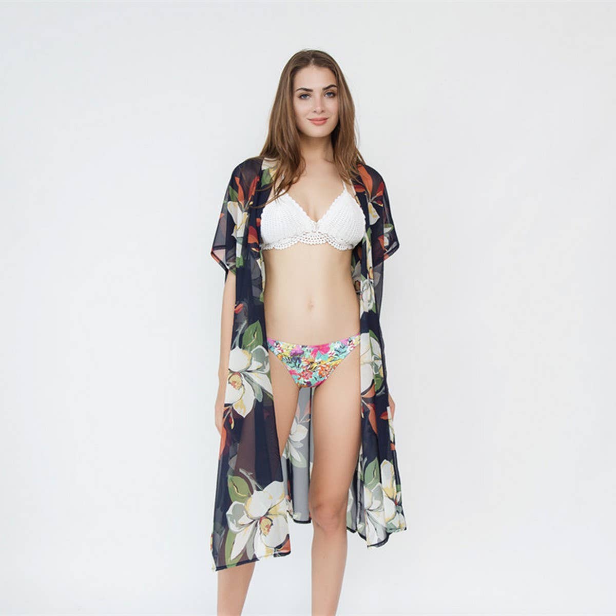 FLORAL PRINT FLOUNCE SLEEVE KIMONO