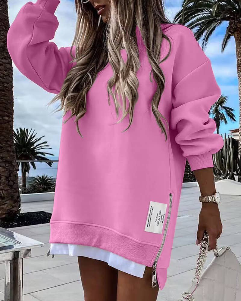 LACE-UP SOLID COLOR CREW NECK PULLOVER HOODIE