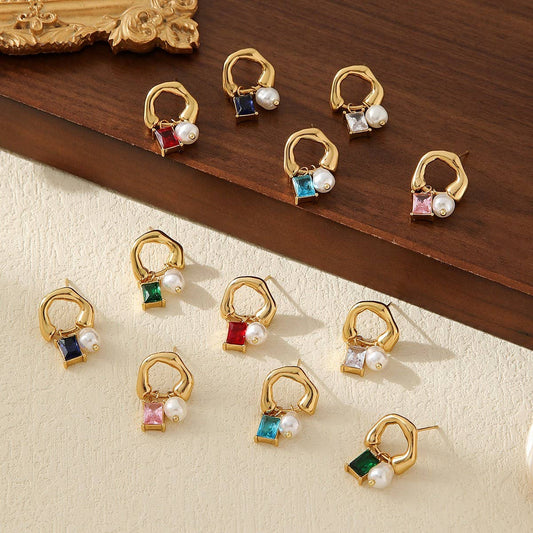 HIGHLIGHT BEAD SQUARE COLORED ZIRCONIA EARRINGS