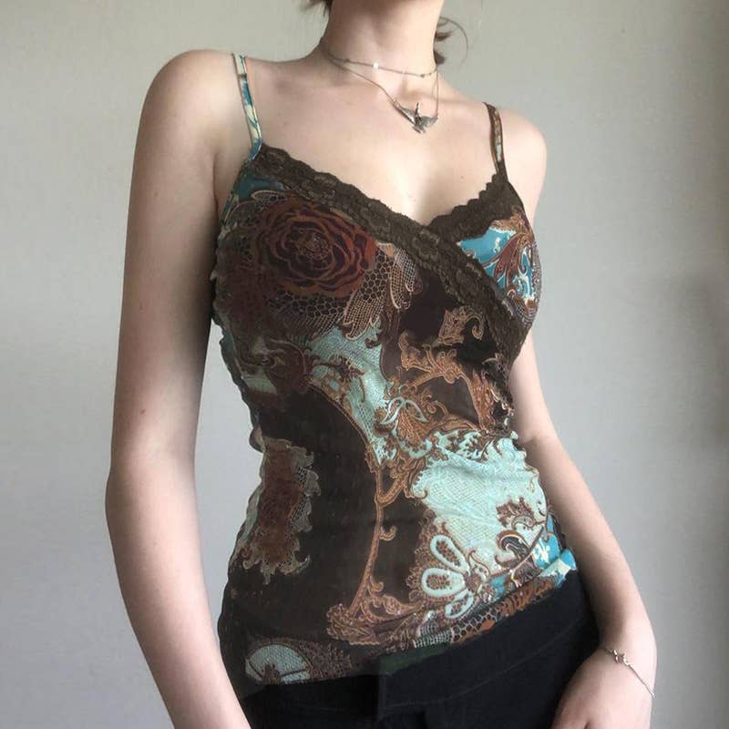 V-neck Slim Vintage print Lace Halter top