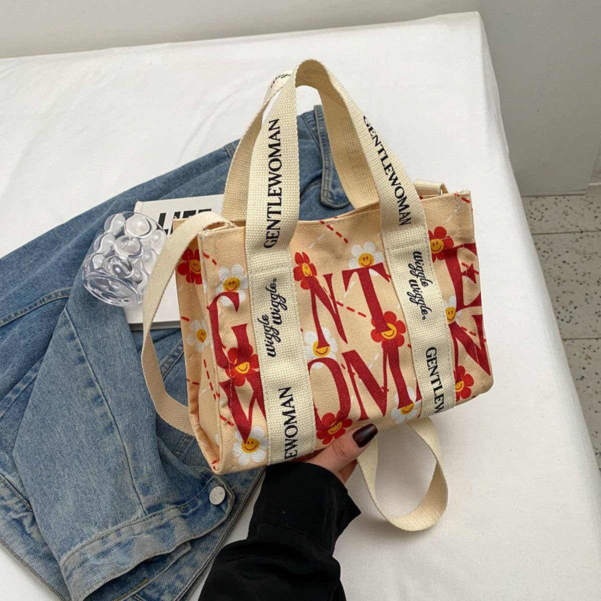 CUTE BEAR COLORFUL LETTER PRINT CANVAS BAG_CWAB2684