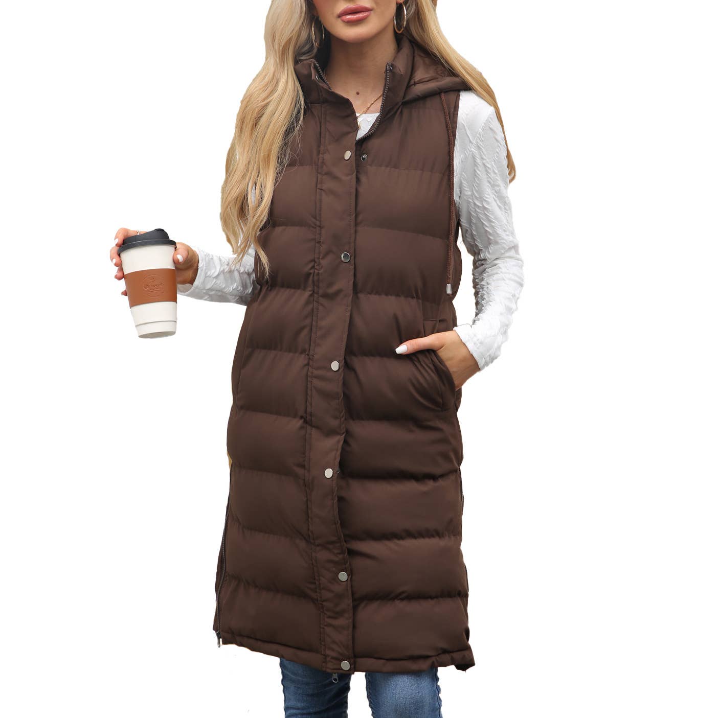 Solid-color hooded sleeveless cotton-padded vest