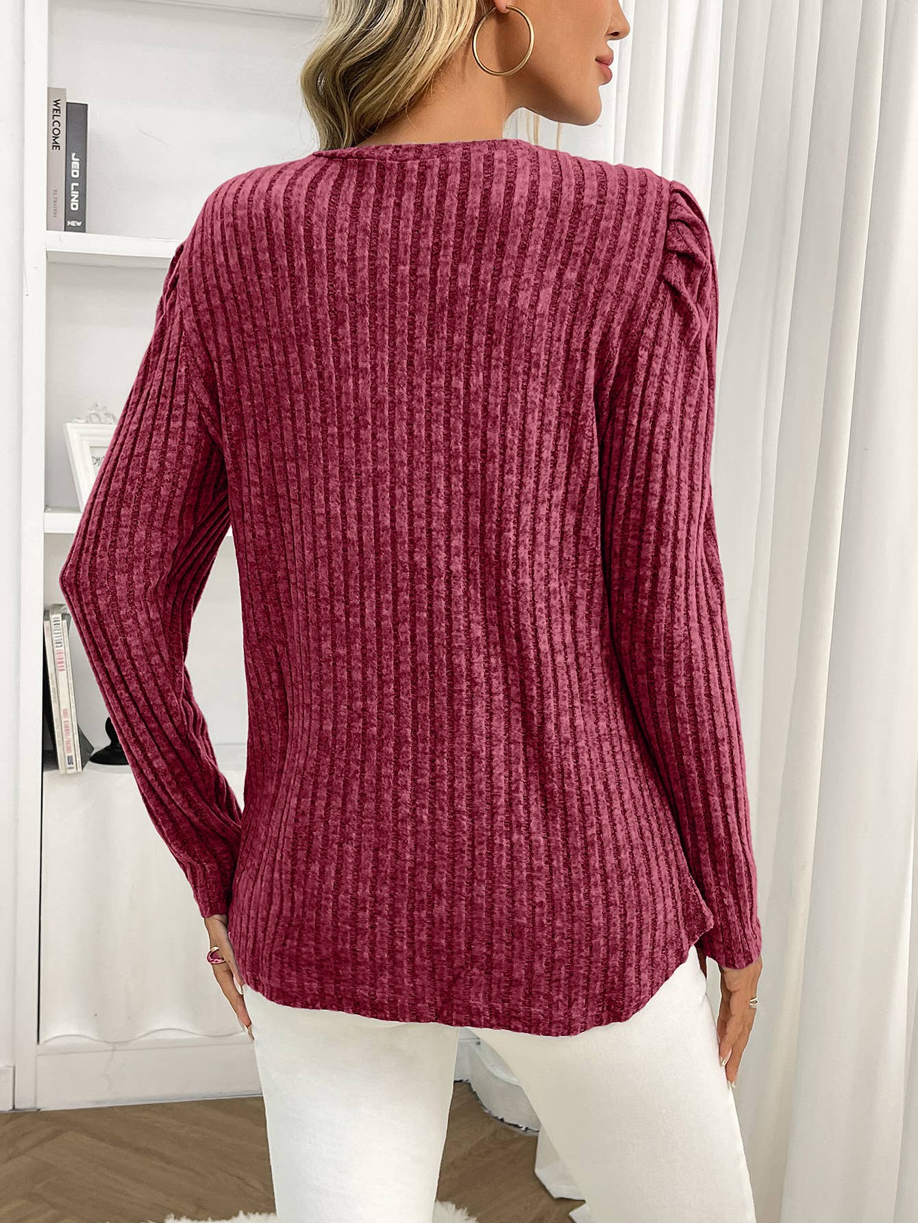 Round-neck puffed-sleeve brushed striped T-shirt