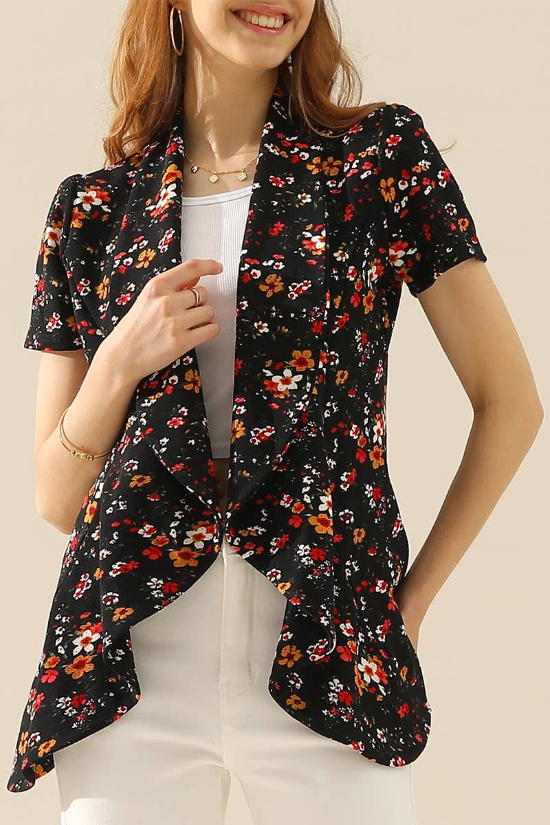 CWOBL095-P_Short Sleeve Open Front Draped Ruffles Blouses