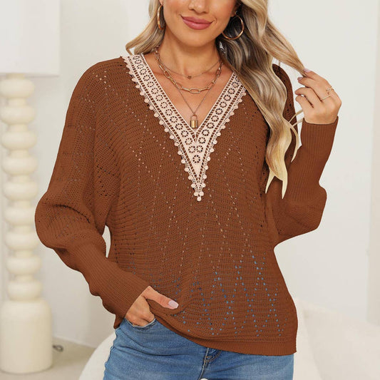 LACE V-NECK PATCHWORK BATSLEEVE SWEATER