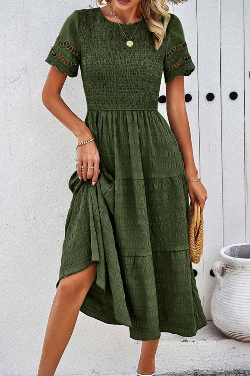 CWDMD6447_TEMPERAMENT SOLID COLOR SHORT SLEEVE HOLLOW DRESS