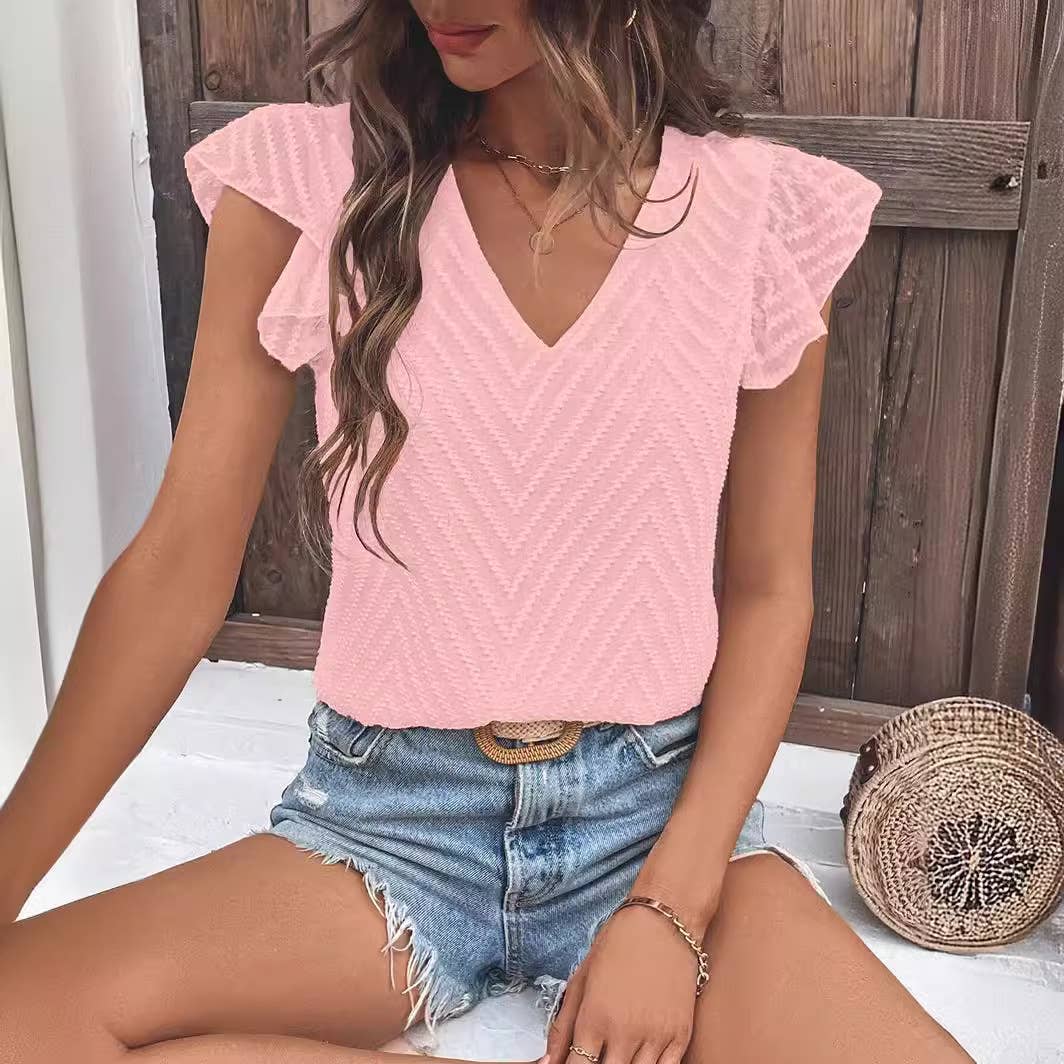 Short sleeve V-neck solid color chiffon shirt