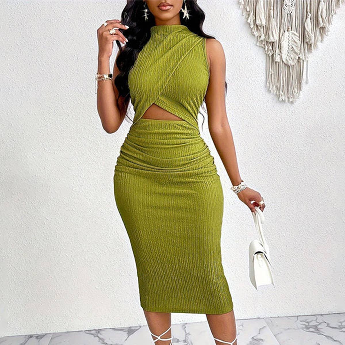 HOLLOWED-OUT FRILLY STRETCH HIP DRESS