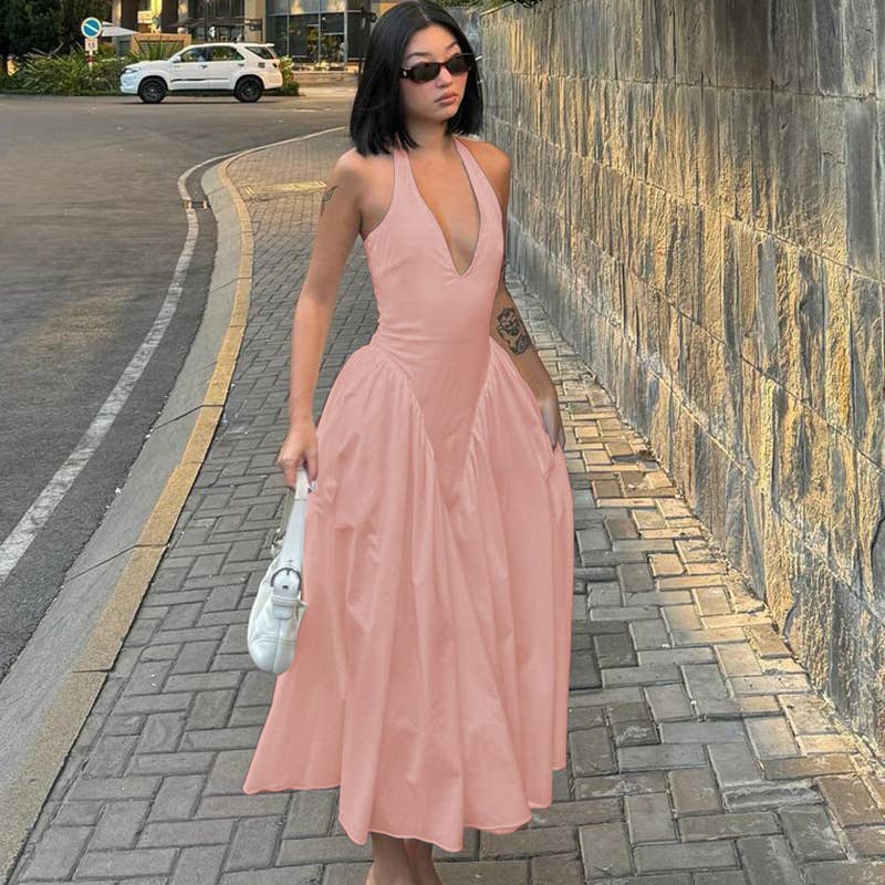 Solid Deep V Halter Cutout Flare Dress