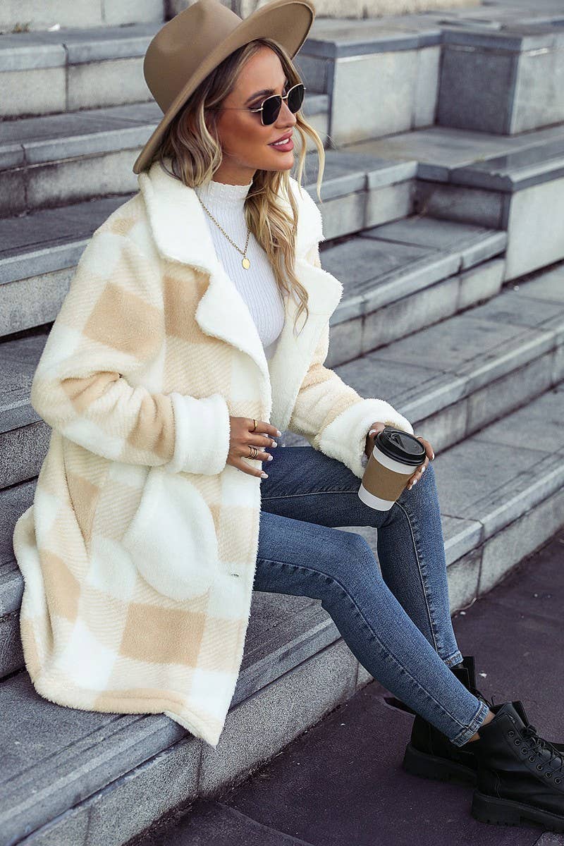 WOMEN PLAID PATTERN PLUSH LAPEL BUTTONED JACKET_CWOJA0631