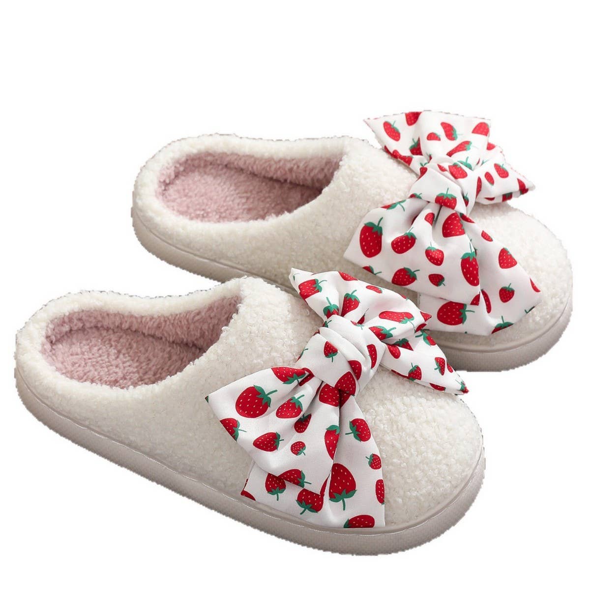 Strawberry Bow Slippers Thick Fuzzy Home Shoes_CWSHF00213