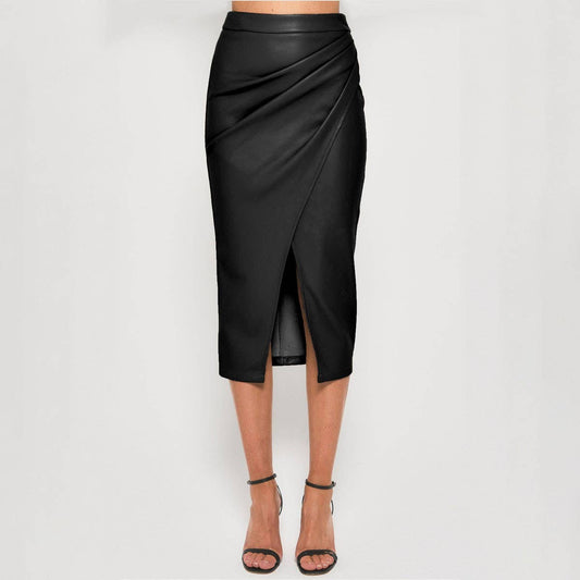 WOMEN'S PU SLIT SKIRT ZIPPER LEATHER SKIRT_CWAB4790