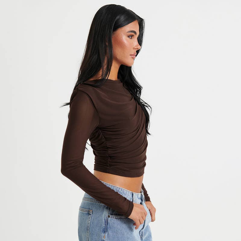 ROUND NECK SOLID COLOR MESH PLEATED CROP TOP