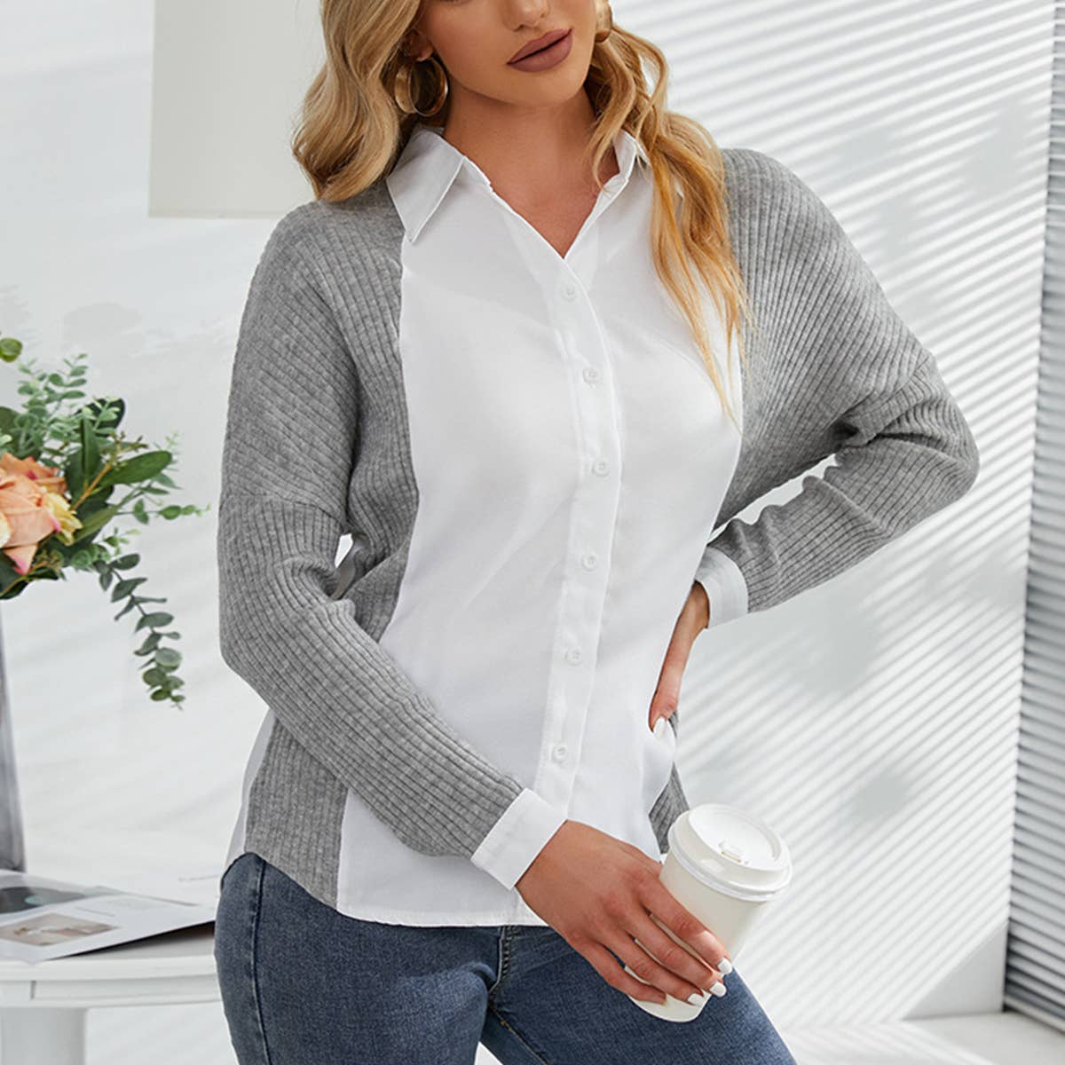 Patchwork Knit Color Contrast Long-Sleeved Shirt