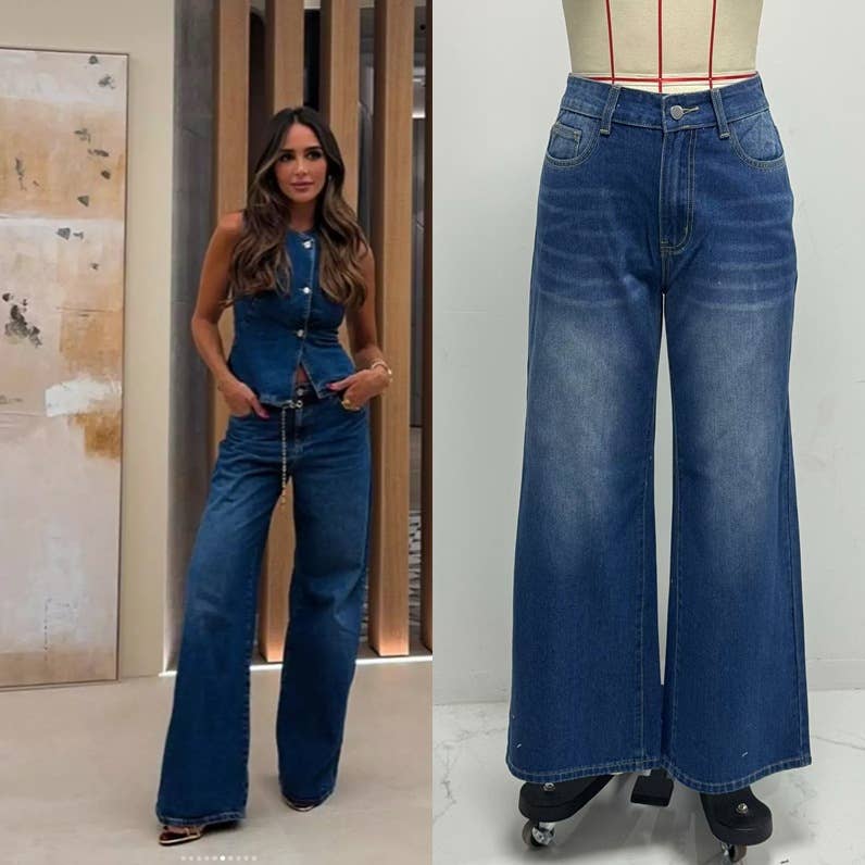 Sleeveless vest & wide-leg denim set