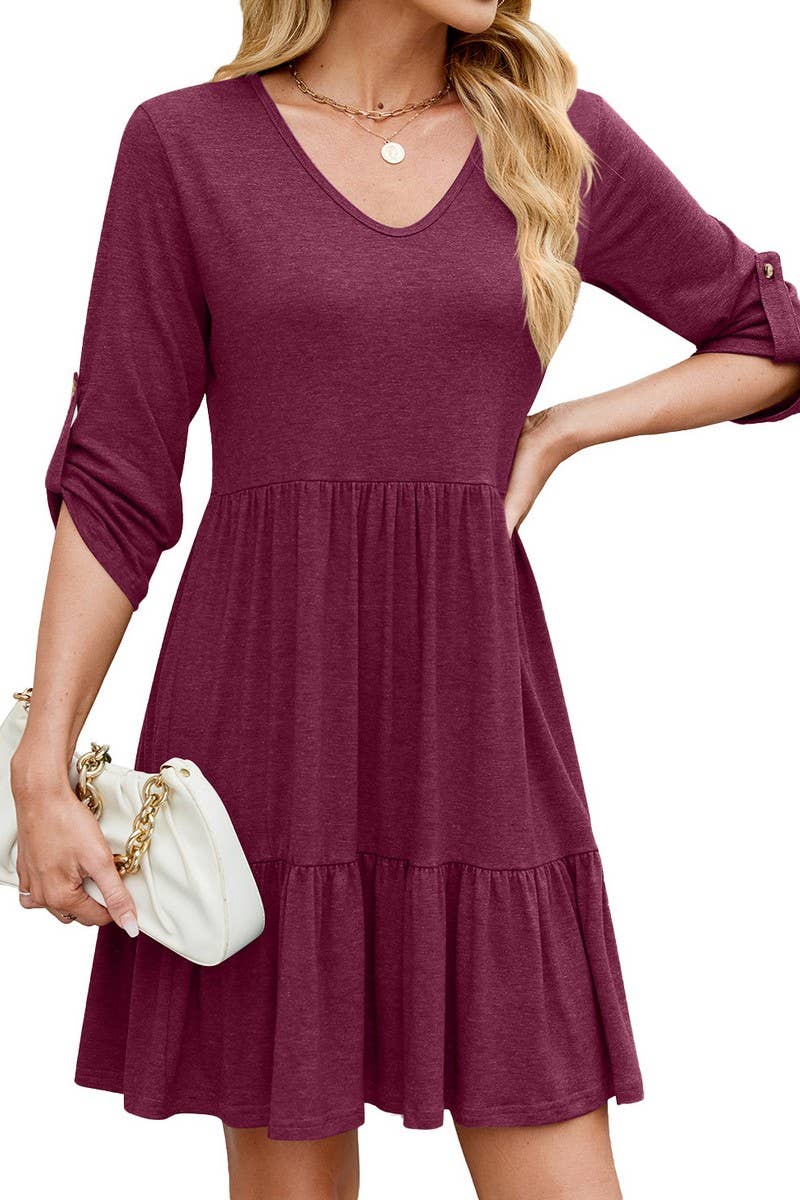 CWDSD7422_LOOSE MID-LENGTH SLEEVE V-NECK PLEATED RUFFLE DRES